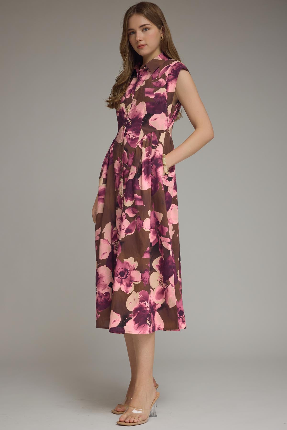 Brown & Plum Floral Print Cap Sleeve Midi Dress