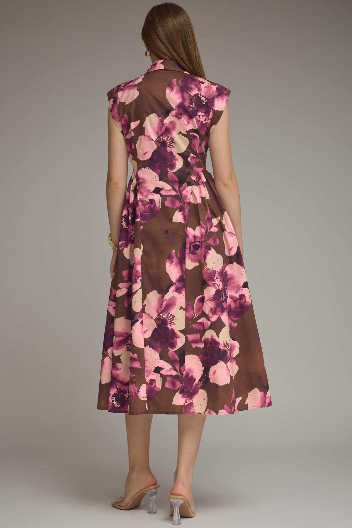 Brown & Plum Floral Print Cap Sleeve Midi Dress