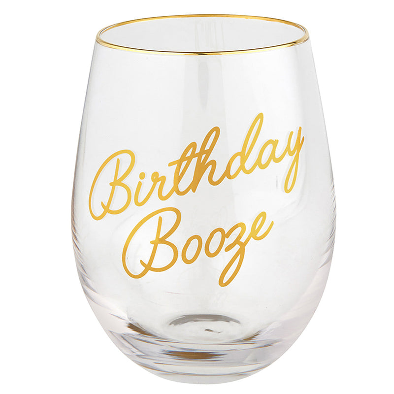 "Birthday Booze" 17oz Stemless Wine Glass