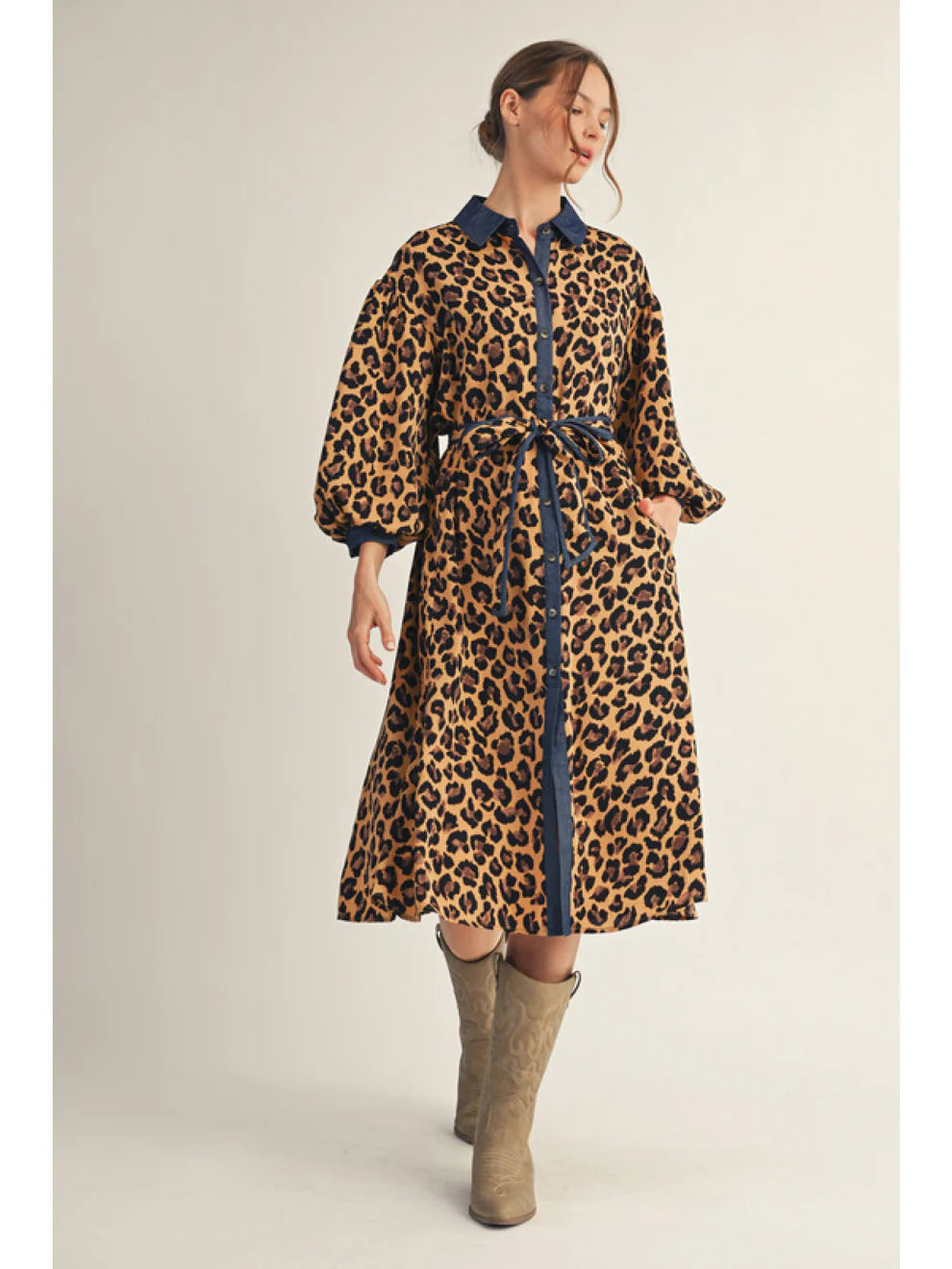 Denim Trim Leopard Print Midi Dress