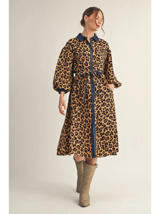 Denim Trim Leopard Print Midi Dress