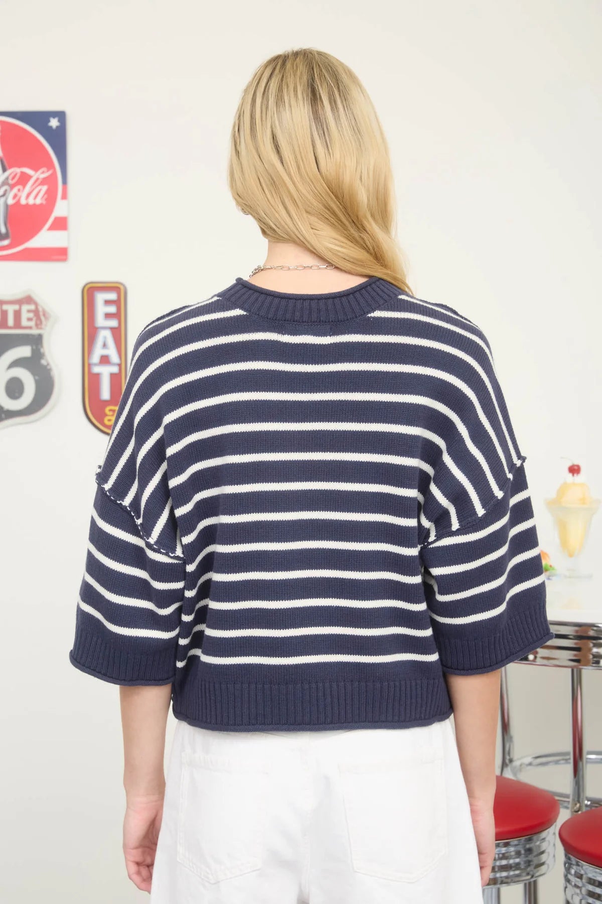 Raw Edge Drop Shoulder Short Sleeve Sweater (Navy)