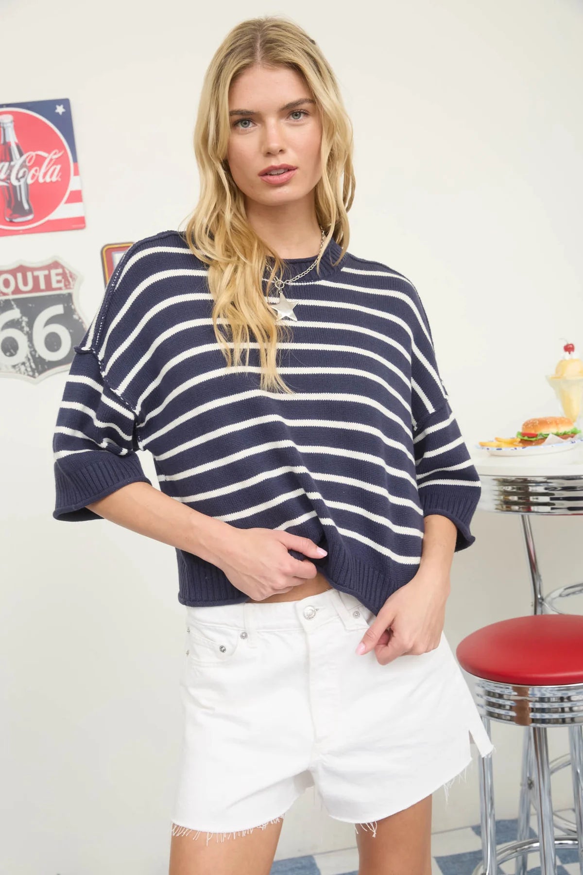Raw Edge Drop Shoulder Short Sleeve Sweater (Navy)
