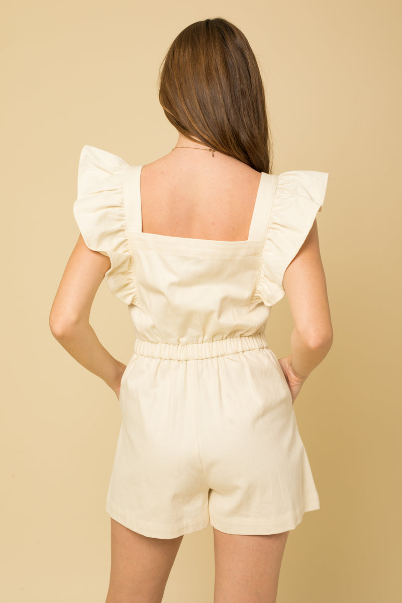 Ruffle Short Sleeve Front Zipper Romper