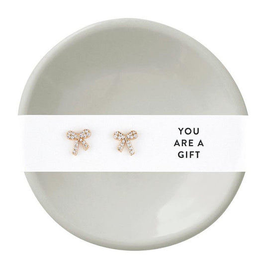 "You Are a Gift" Bow Trinket Tray + Sparkle Bow Earrings Set