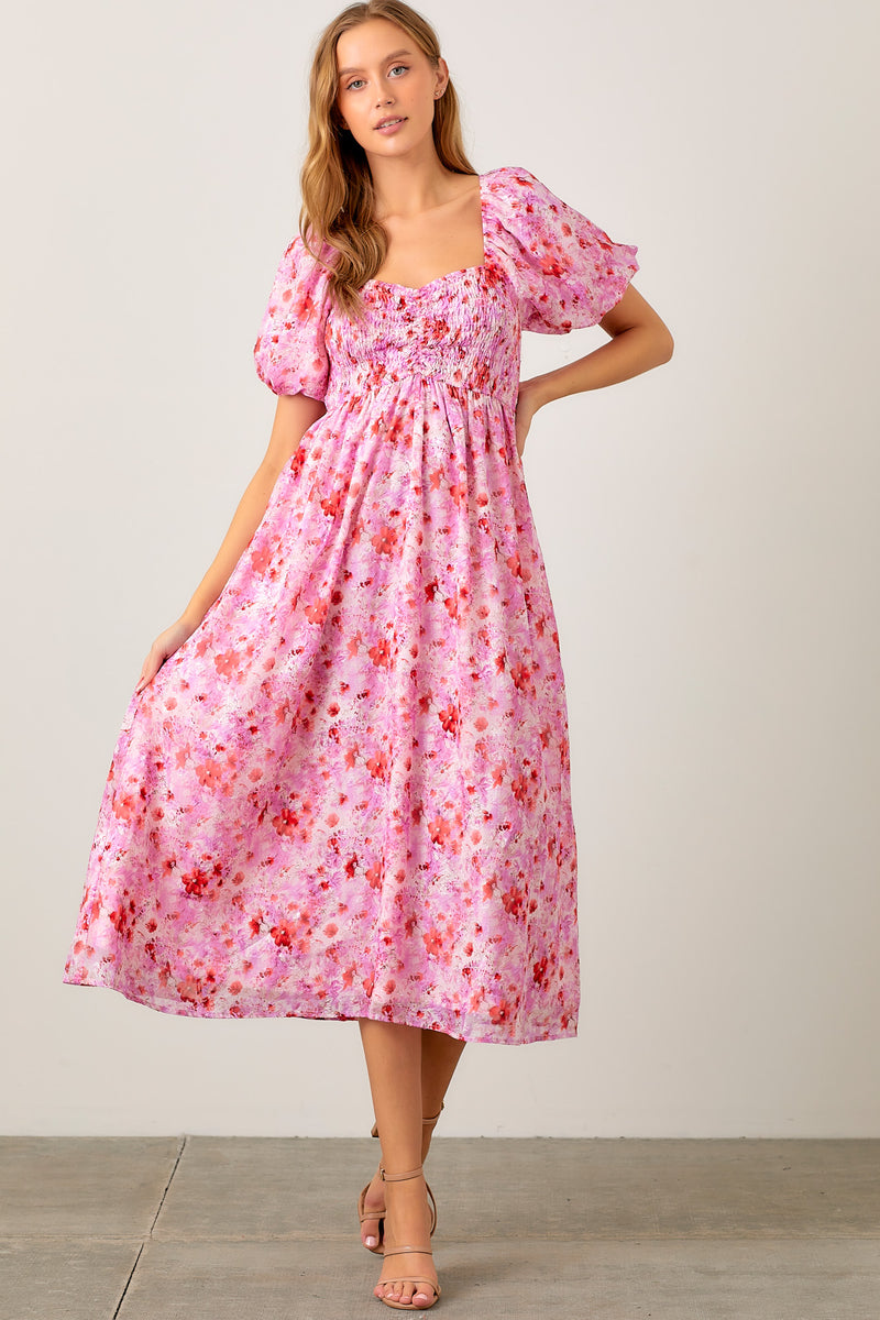 Sweetheart Bodice Floral Print Puff Sleeve Maxi Dress