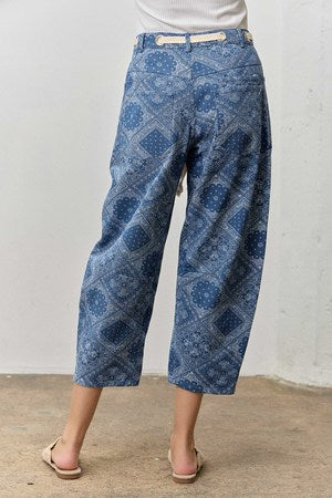 Paisley Print Barrell Leg Denim Pants