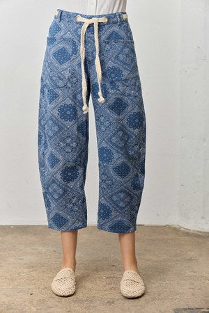Paisley Print Barrell Leg Denim Pants