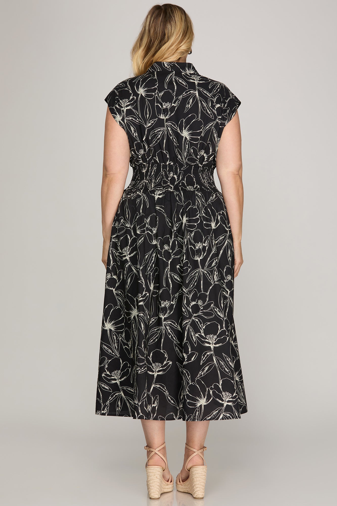 Black & White Smocked Waist Floral Print Midi Dress (XL - 2X)