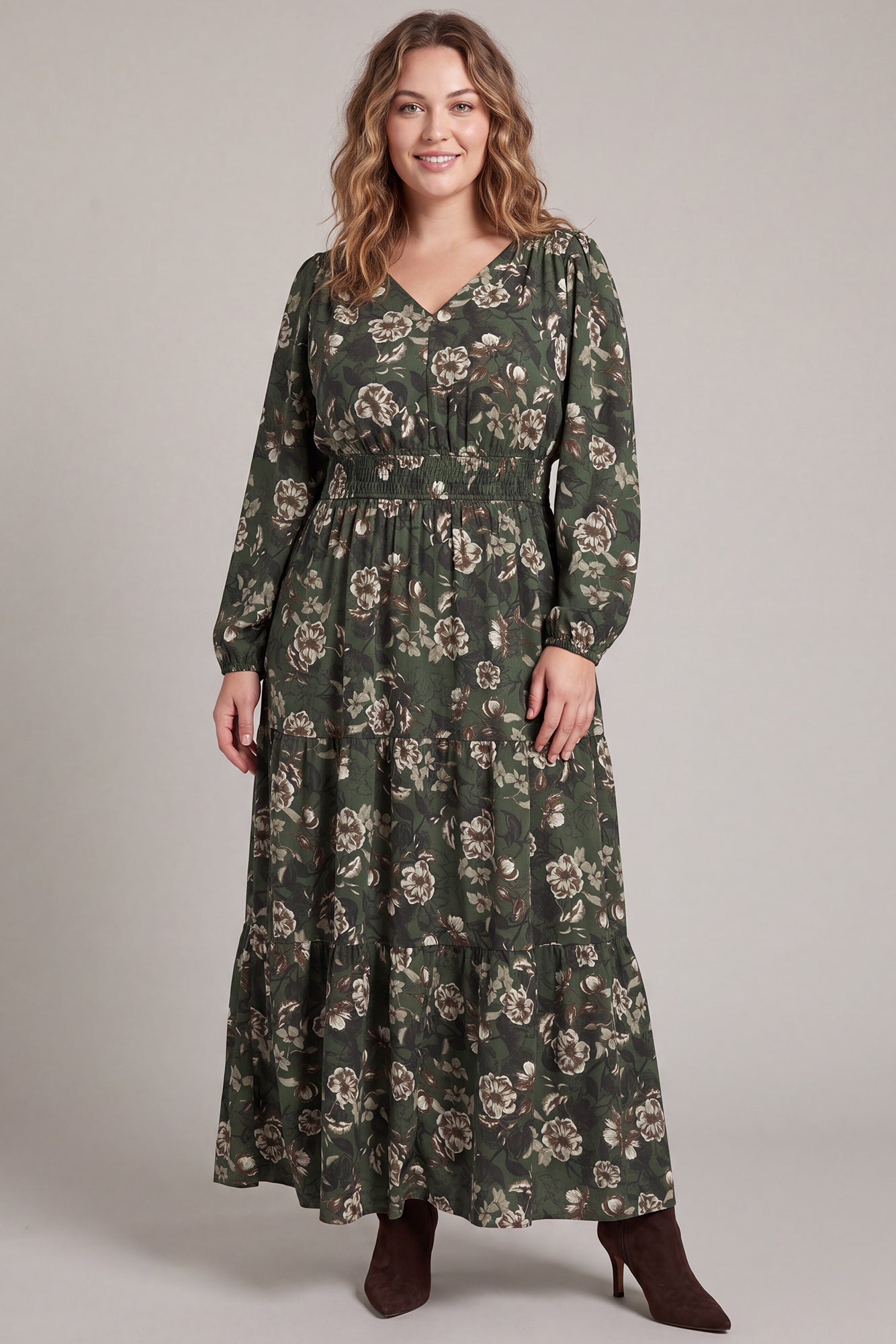 Long Sleeve Floral Print Maxi Dress (XL - 2X)