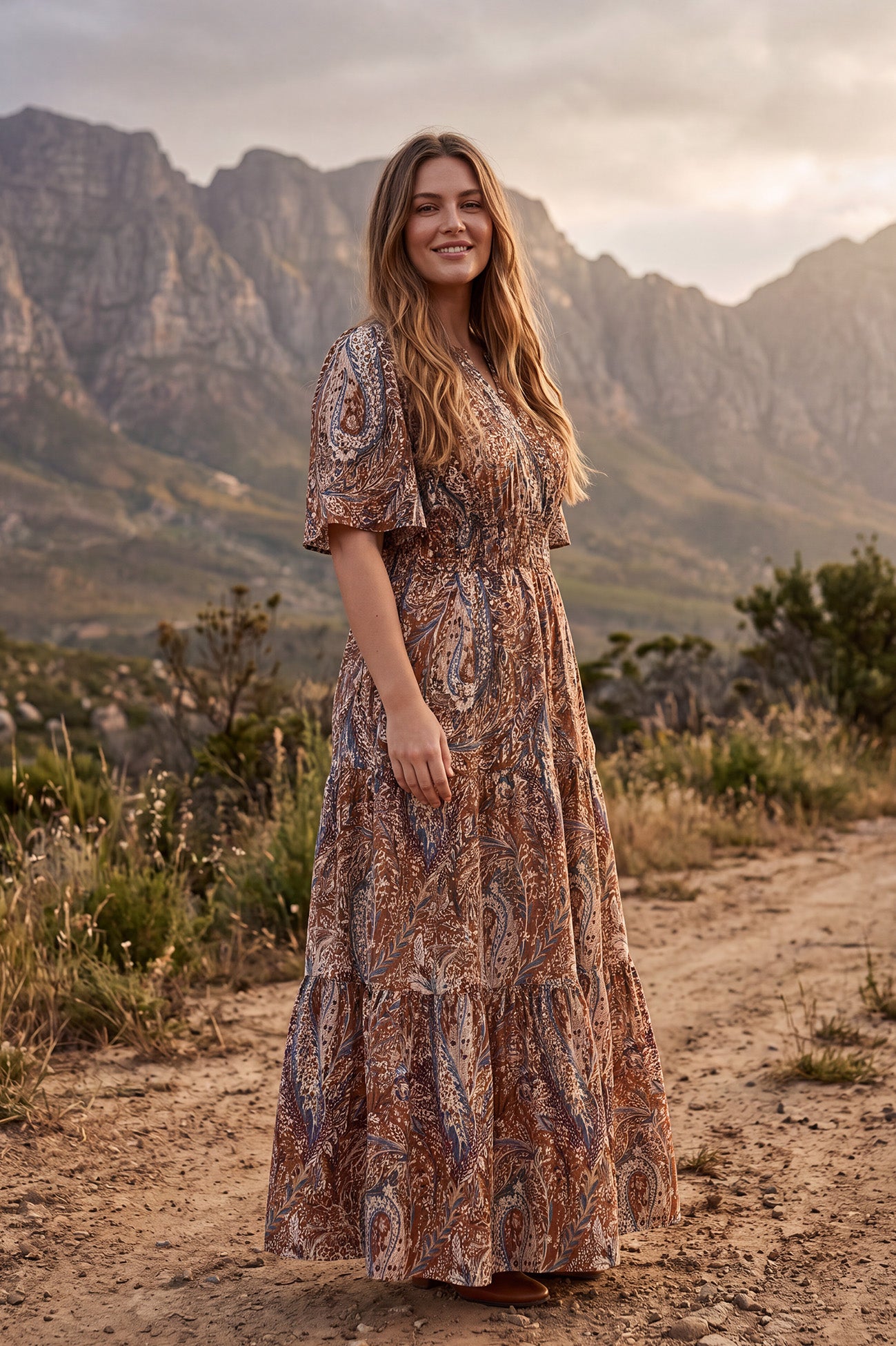 Flutter Sleeve Fall Print Maxi Dress (XL - 2X)
