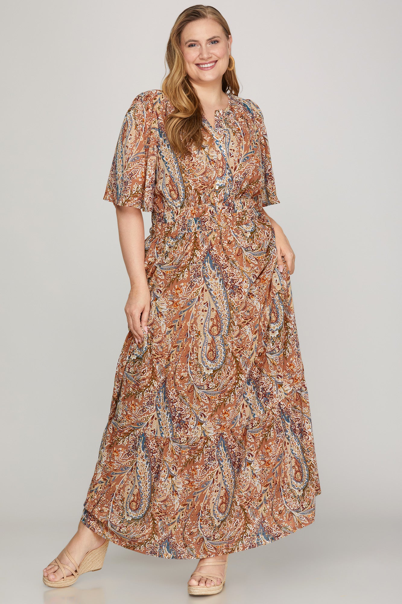 Flutter Sleeve Fall Print Maxi Dress (XL - 2X)