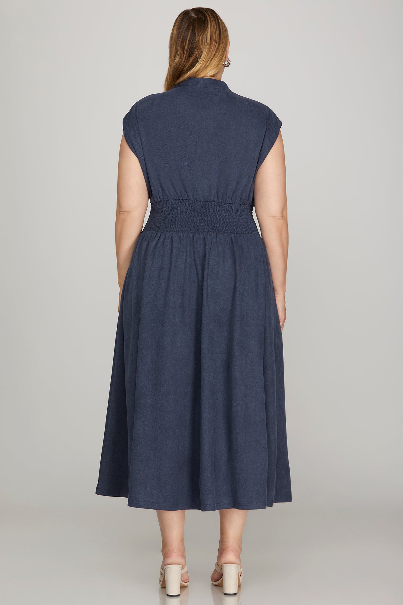 Navy Blue Smocked Waist Zipper Front Midi Dress (XL - 2XL)
