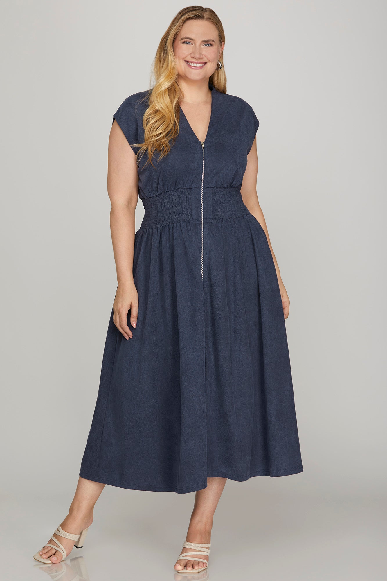 Navy Blue Smocked Waist Zipper Front Midi Dress (XL - 2XL)