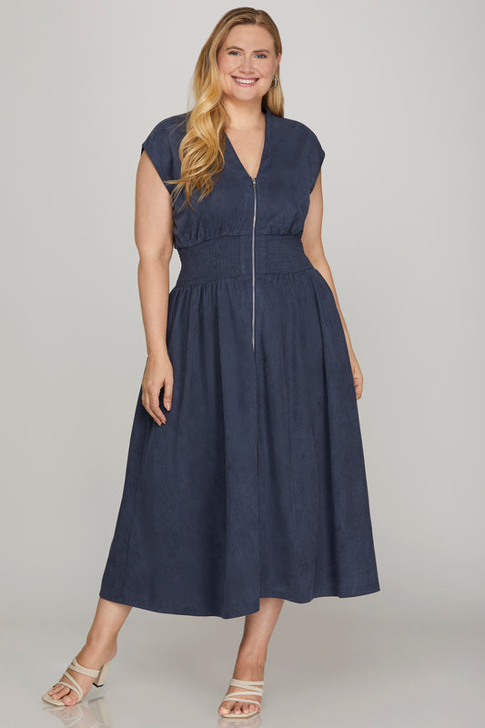 Navy Blue Smocked Waist Zipper Front Midi Dress (XL - 2XL)