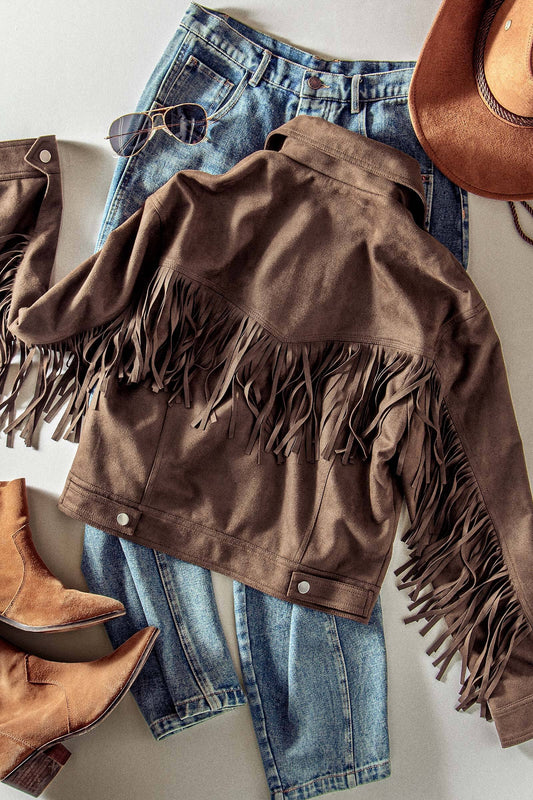 Fringe Detail Suede Zip Jacket