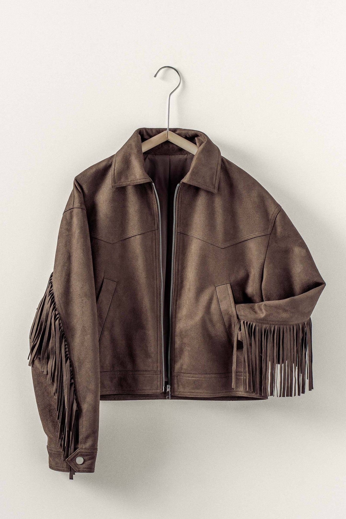 Fringe Detail Suede Zip Jacket
