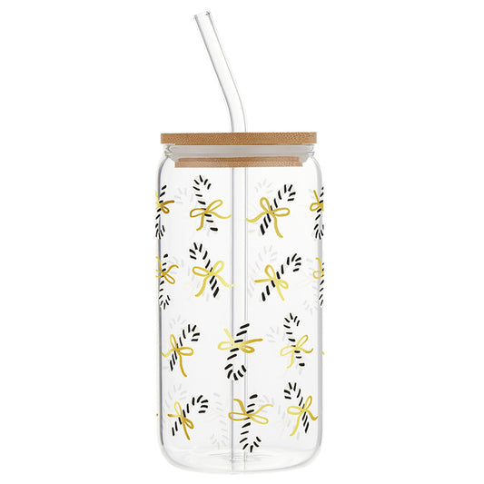 Candy Cane Gold Bow Glass Tumbler