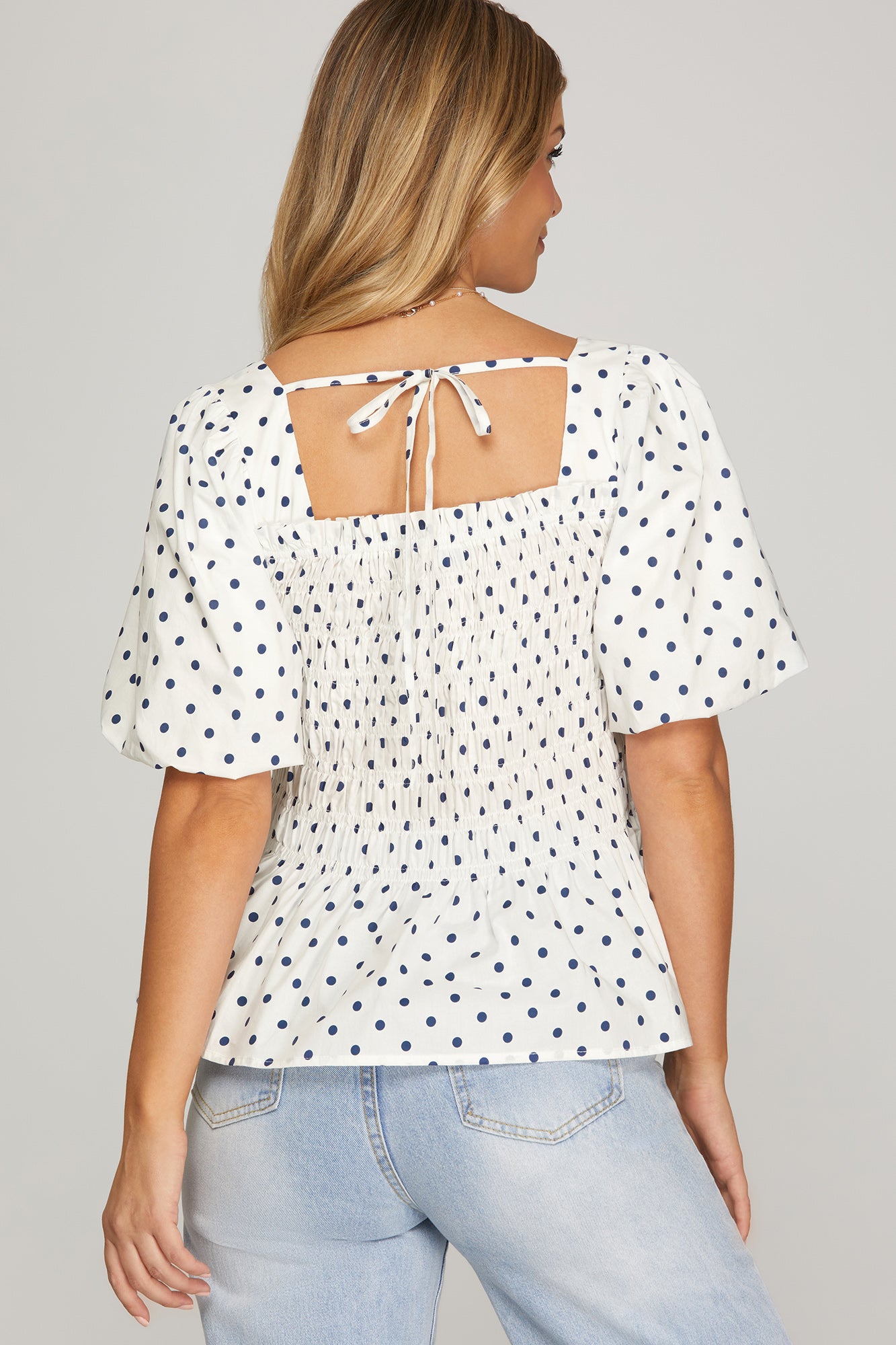 Fully Smocked Polka Dot Peplum Top