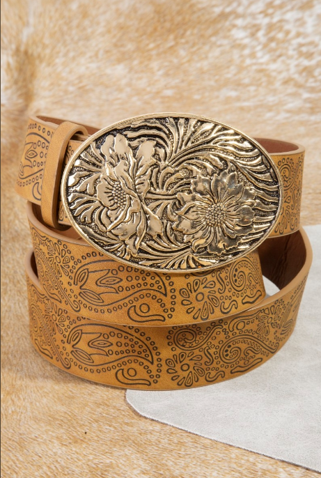 Floral Buckle Paisley Pattern Vegan Leather Belt
