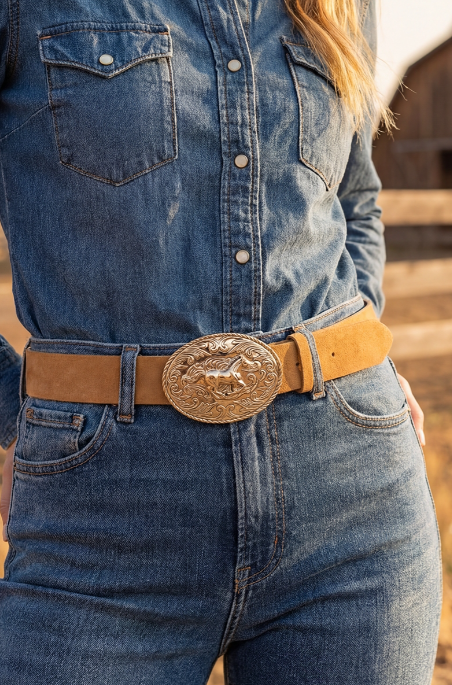 Suede Western Horse Medallion Buckle Belt