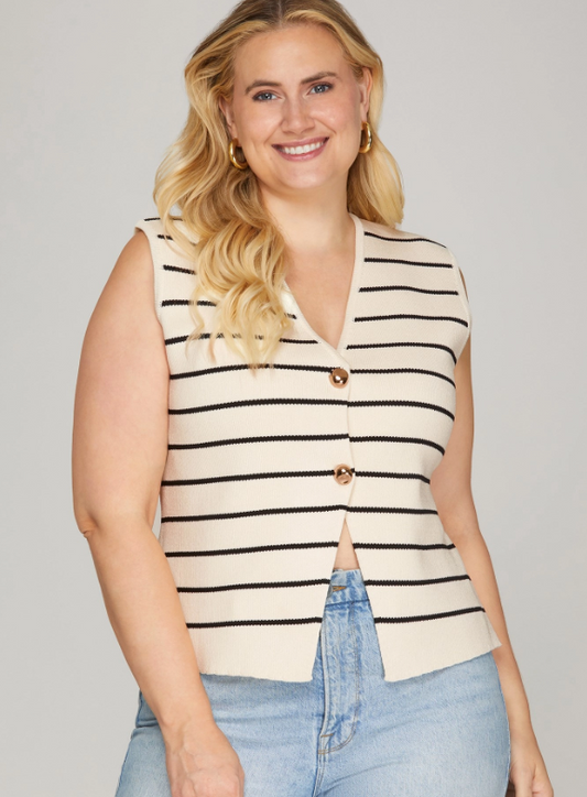 Sleeveless Striped Gold Button Knit Top (XL - 2XL)