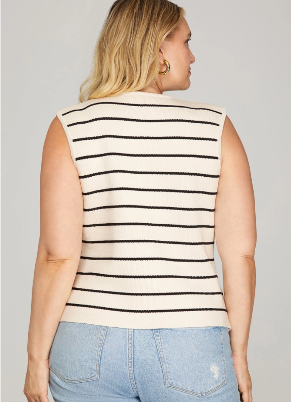 Sleeveless Striped Gold Button Knit Top (XL - 2XL)