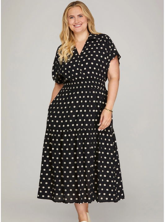Drop Shoulder Smocked Waist Short Sleeve Polka Dot Midi Dress