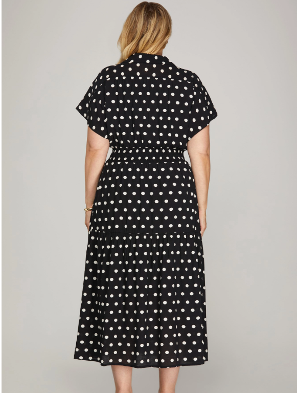 Drop Shoulder Smocked Waist Short Sleeve Polka Dot Midi Dress