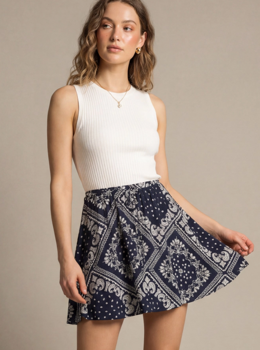 Paisley Print Elastic Waist Skirt