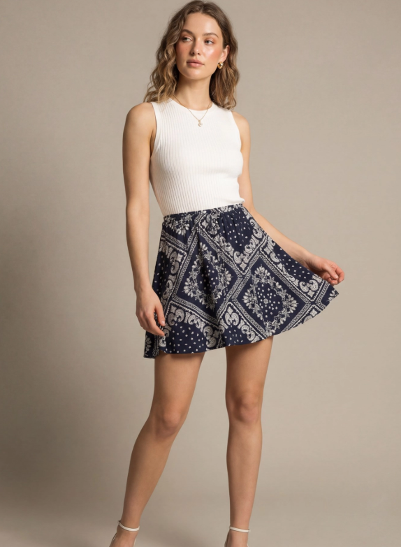 Paisley Print Elastic Waist Skirt