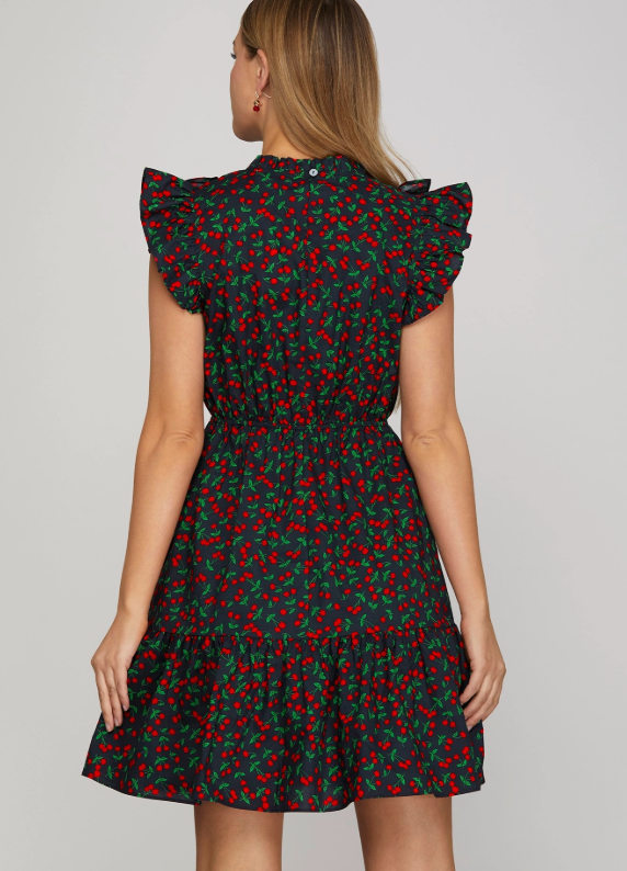 Ruffle Sleeve Cherry Print Dress w/ Pockets
