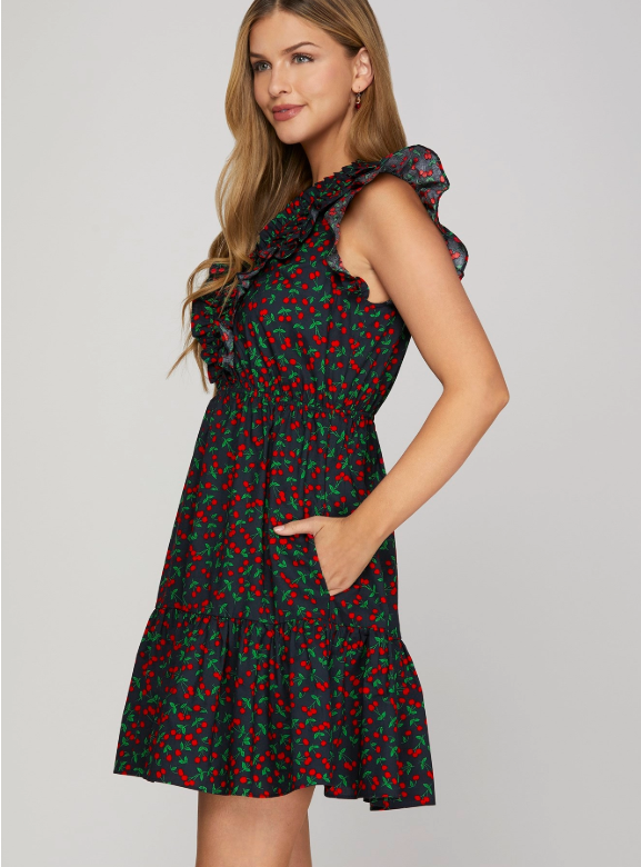 Ruffle Sleeve Cherry Print Dress w/ Pockets