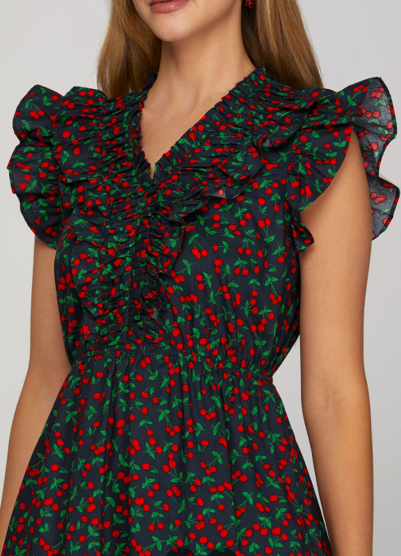 Ruffle Sleeve Cherry Print Dress w/ Pockets