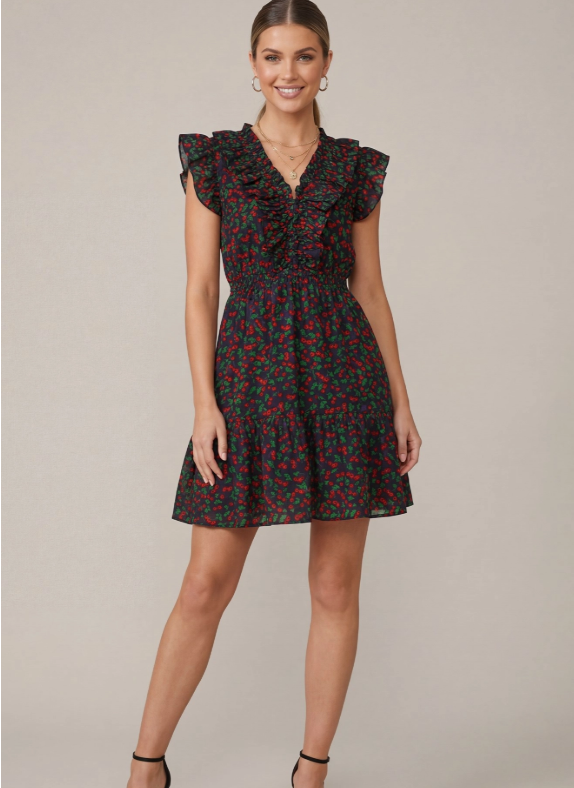 Ruffle Sleeve Cherry Print Dress w/ Pockets