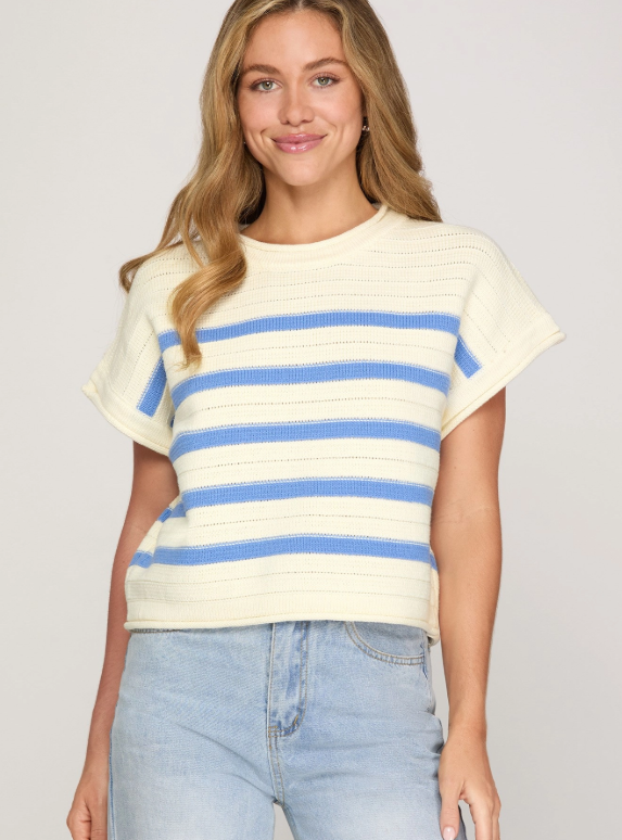 Blue Stripe Short Sleeve Knit Sweater
