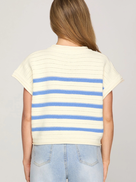 Blue Stripe Short Sleeve Knit Sweater