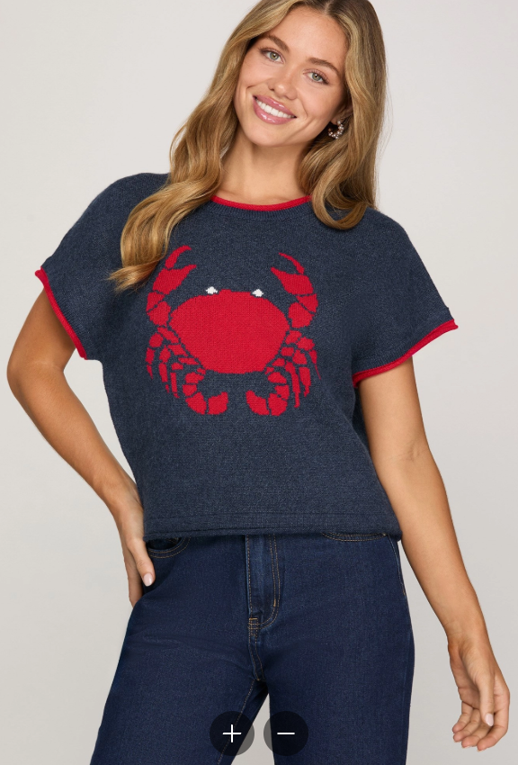 Crab Print Short Sleeve Knit Sweater