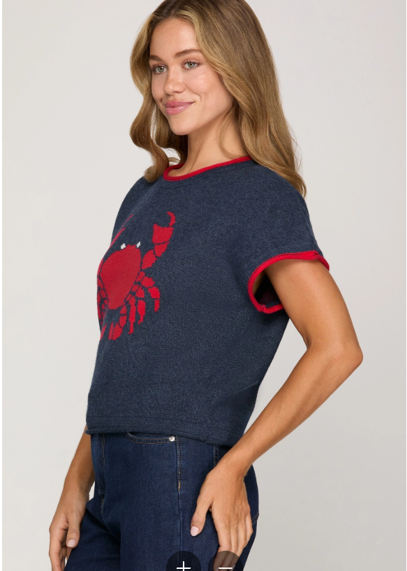 Crab Print Short Sleeve Knit Sweater