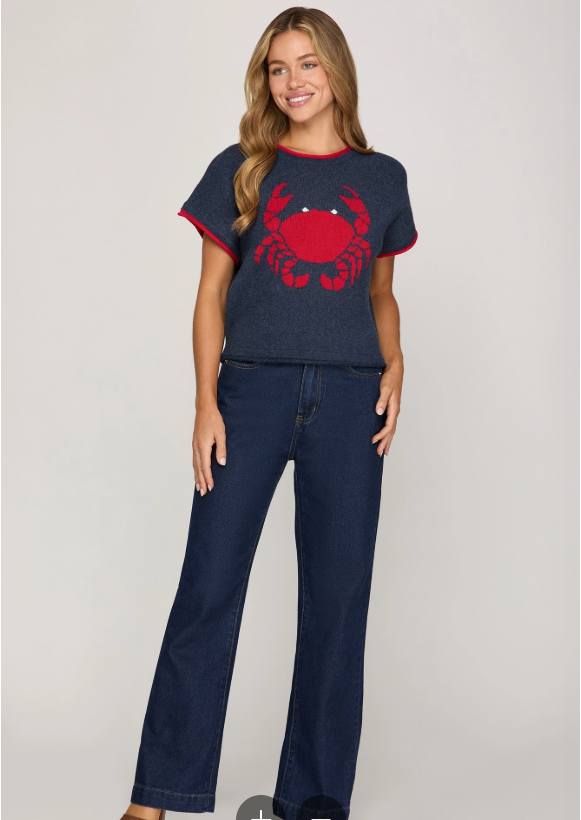 Crab Print Short Sleeve Knit Sweater