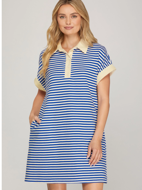 Royal Blue Striped Polo Style Shirt Dress