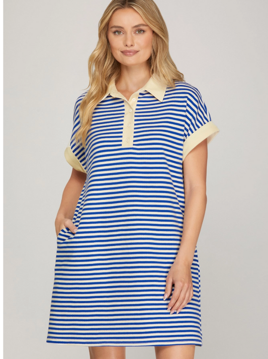 Royal Blue Striped Polo Style Shirt Dress