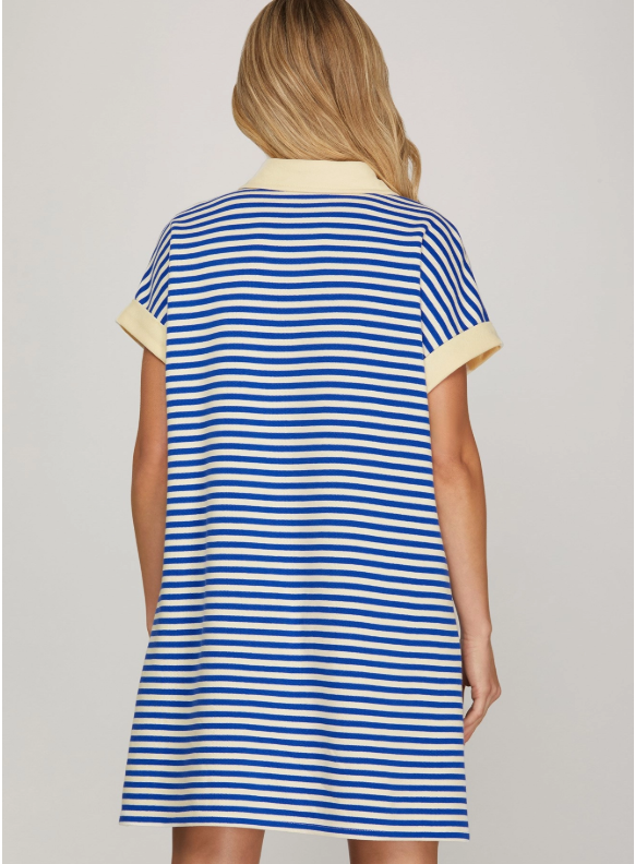Royal Blue Striped Polo Style Shirt Dress