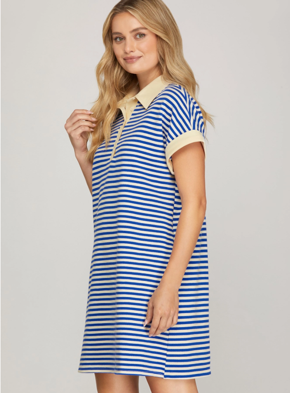 Royal Blue Striped Polo Style Shirt Dress