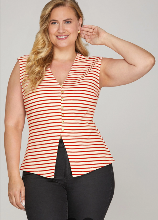Gold Button Striped Knit Vest (XL - 2X)