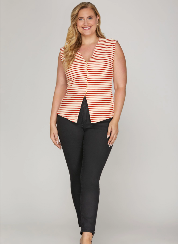 Gold Button Striped Knit Vest (XL - 2X)