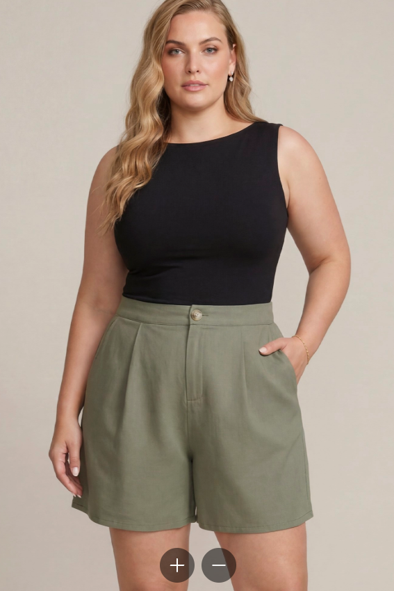 Back Elastic Linen Blend Olive Shorts (XL - 2X)