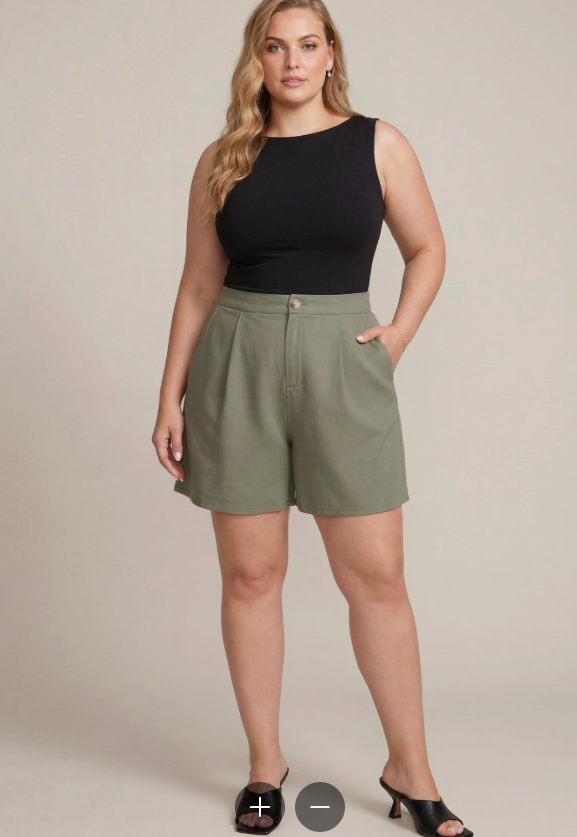 Back Elastic Linen Blend Olive Shorts (XL - 2X)