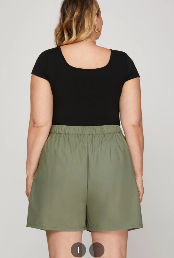 Back Elastic Linen Blend Olive Shorts (XL - 2X)