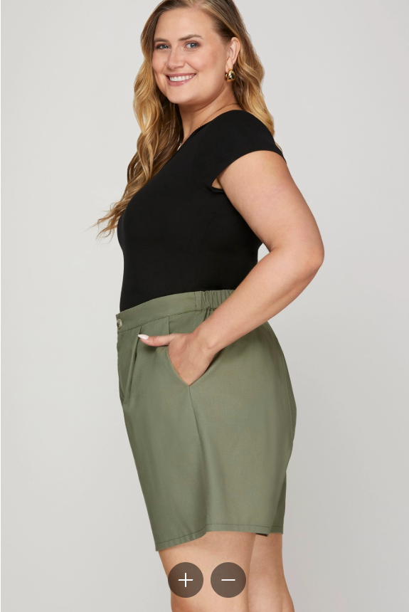 Back Elastic Linen Blend Olive Shorts (XL - 2X)